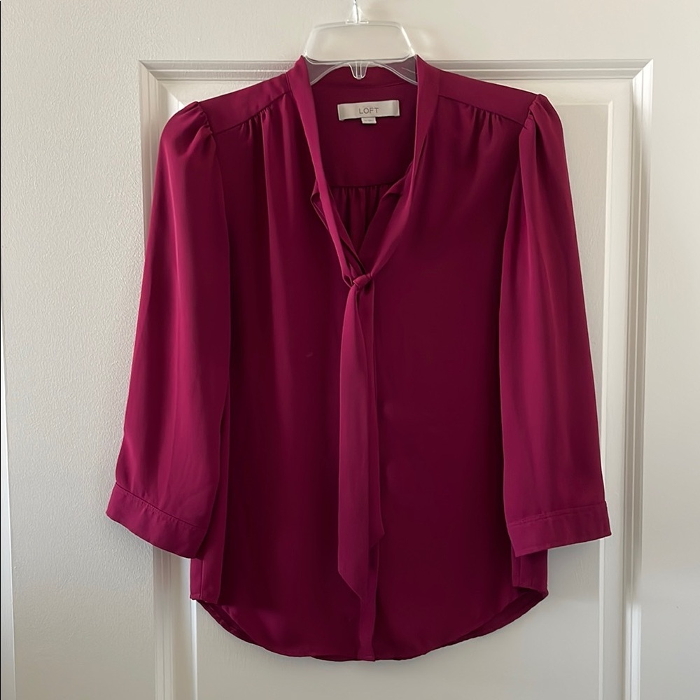 LOFT Pink Tie Front Blouse with Three-Quarter Sleeves